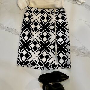 Talbots Black & White Plaid w/ Off-Center Gold Zipper Pencil Skirt Sz 6p